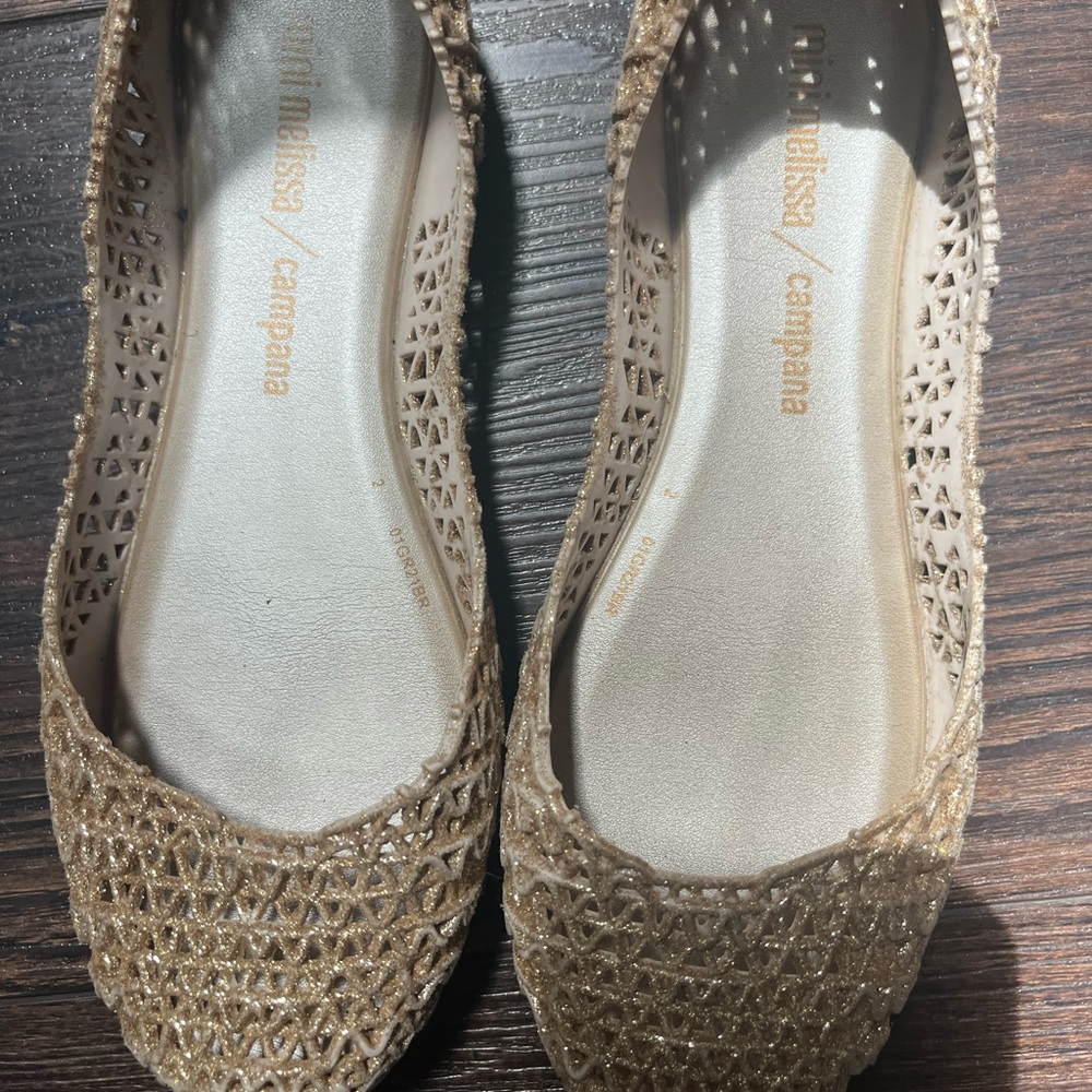 Mini Melissa  girls Gold Flats with Intricate Woven Design